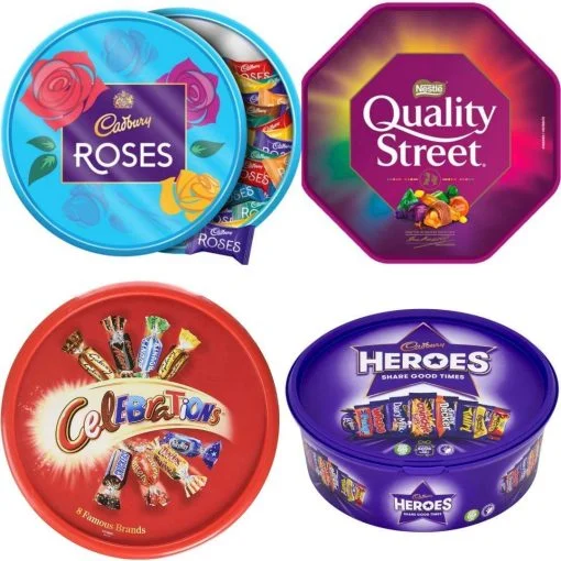 Assorted Christmas Chocolate Tubs Selection – Pack of 5 – Bulk Buy of Roses, Heroes, Quality Street, Celebrations Chocolate Pralines & 1 Terry’s Orange Chocolate with Topline Card for Chocolate Gifts