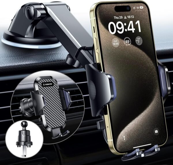 VANMASS 2024 BEST Car Phone Holder [Upgraded Suction & Clip]Rotatable Universal Mobile Phone Mount Dashboard Windscreen Vent Cradle Van Automobile Accessories for iPhone 16 Pro Max 15 14 13 12 Samsung