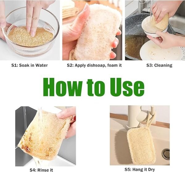 Large Natural Dish Scrubber, Loofah Dishwashing Sponge (6 Pcs), No Scratch for Dish, Large Size 5.2"L*3.2"W, Loofah Plant Kitchen Eco-Scrubber, Zero Waste and Eco Friendly Sponges, Unbleached.